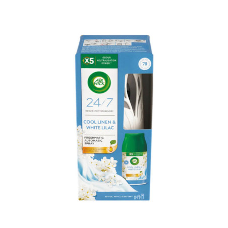 Oro gaiviklio Air Wick rinkinys Cool Linen & White Lilac 250ml su automatiniu baltu dozatoriumi