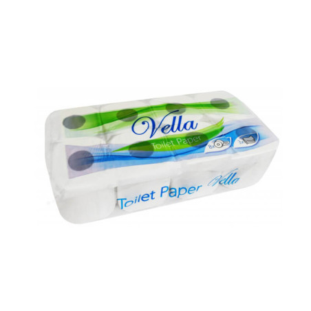 Tualetinis popierius VELLA 28 metrai, 250 lapelių, 8 ritinėliai, 3 sluoksniai, baltos spalvos, celiuliozė